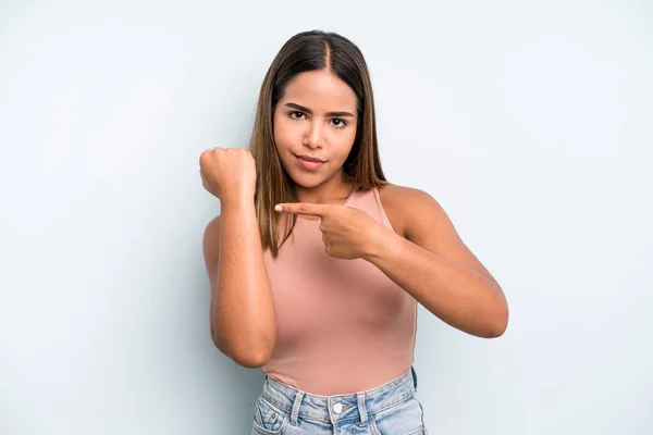 Hispanic Latin Pretty Woman Looking Impatient Angry Pointing Watch Asking — Fotografia de Stock