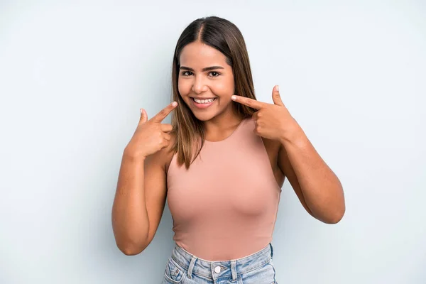 Hispanic Latin Pretty Woman Smiling Confidently Pointing Own Broad Smile — Stok fotoğraf