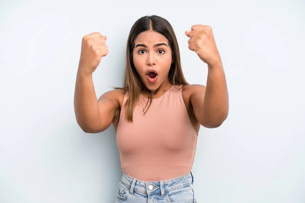 Hispanic Latin Pretty Woman Celebrating Unbelievable Success Winner Looking Excited — Stockfoto