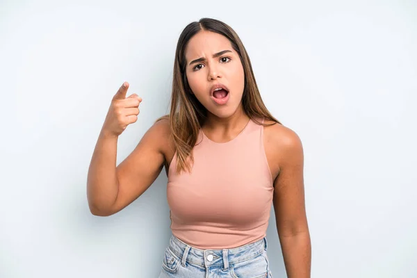 Hispanic Latin Pretty Woman Pointing Camera Angry Aggressive Expression Looking — Stockfoto