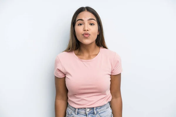 Hispanic Latin Pretty Woman Pressing Lips Together Cute Fun Happy — Stockfoto