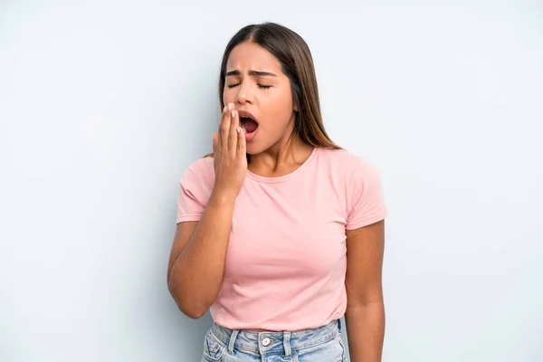 Hispanic Latin Pretty Woman Yawning Lazily Early Morning Waking Looking — Foto Stock