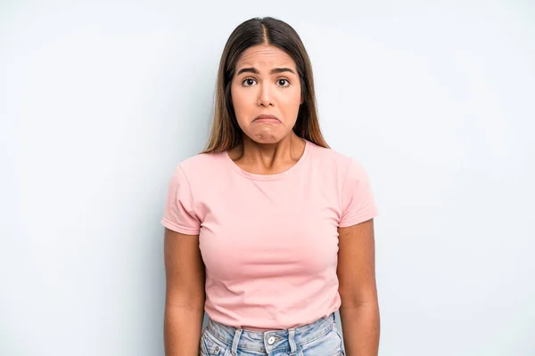 Hispanic Latin Pretty Woman Feeling Sad Stressed Upset Because Bad — Stockfoto