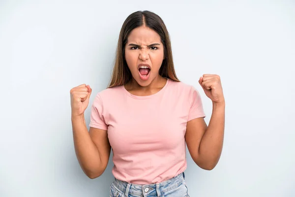 Hispanic Latin Pretty Woman Shouting Aggressively Angry Expression Fists Clenched — Stockfoto