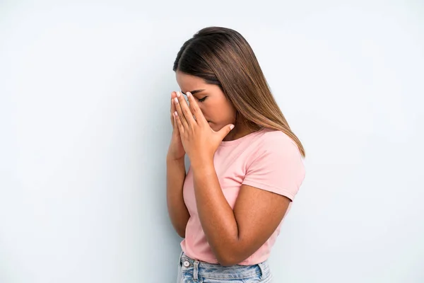 Hispanic Latin Pretty Woman Covering Eyes Hands Sad Frustrated Look — Stock Photo, Image