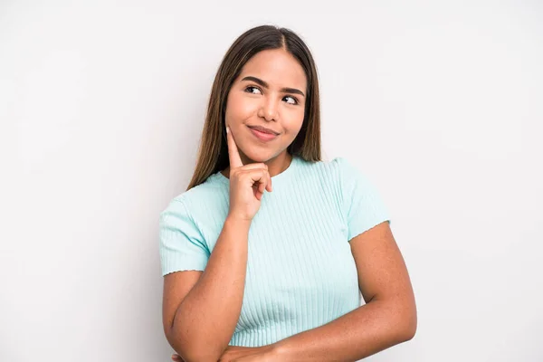 Hispanic Latin Pretty Woman Smiling Happily Daydreaming Doubting Looking Side — Foto de Stock