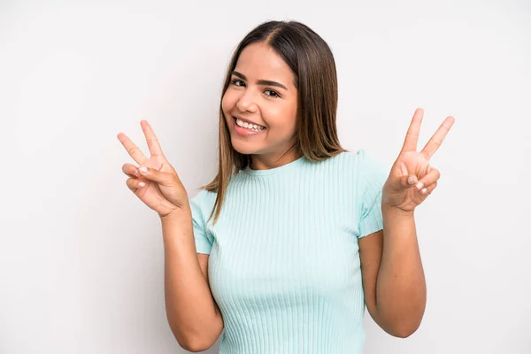 Hispanic Latin Pretty Woman Smiling Looking Happy Friendly Satisfied Gesturing — Stockfoto