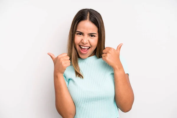 Hispanic Latin Pretty Woman Smiling Joyfully Looking Happy Feeling Carefree — Stockfoto