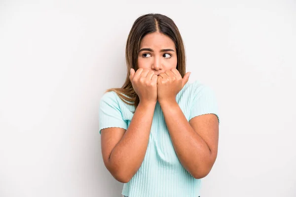 Hispanic Latin Pretty Woman Looking Worried Anxious Stressed Afraid Biting — Stockfoto