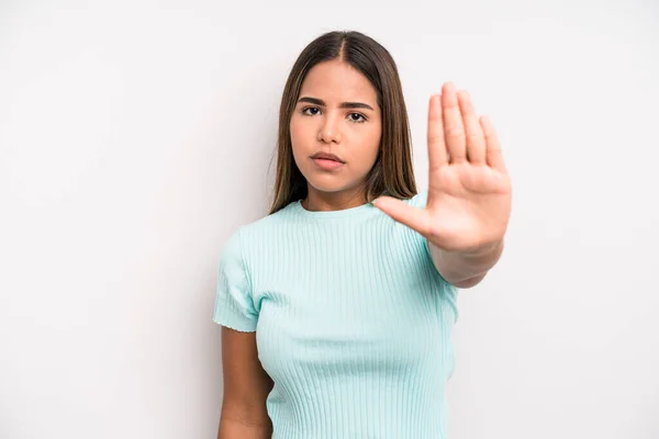 Hispanic Latin Pretty Woman Looking Serious Stern Displeased Angry Showing — Stockfoto