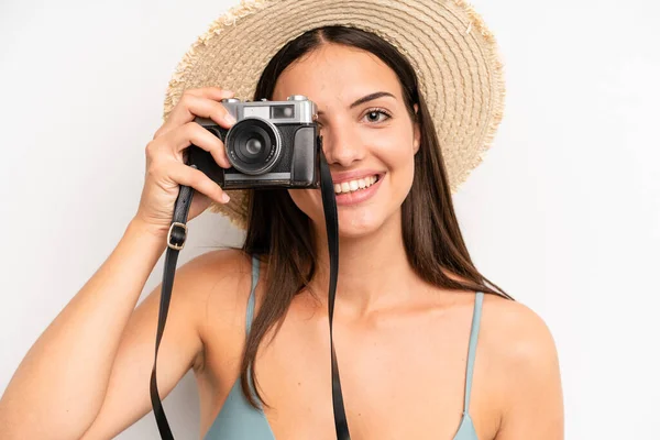 young pretty woman vintage photography camera concept