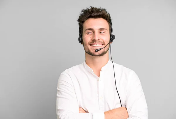 Junger Gutaussehender Mann Isoliert Mit Kopfhörer Und Mikrofon Telemarketing Konzept — Stockfoto