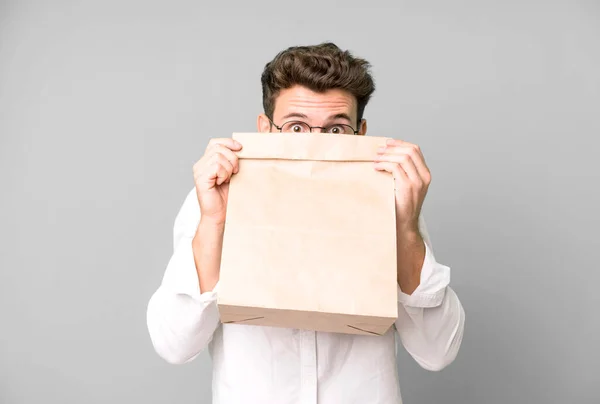 Young Handsome Employee Man Take Away Food Paper Bag — Stock Photo, Image