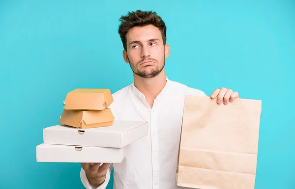 Young Handsome Man Isolated Fast Food Mock Boxes Delivery Take — Stock Photo, Image