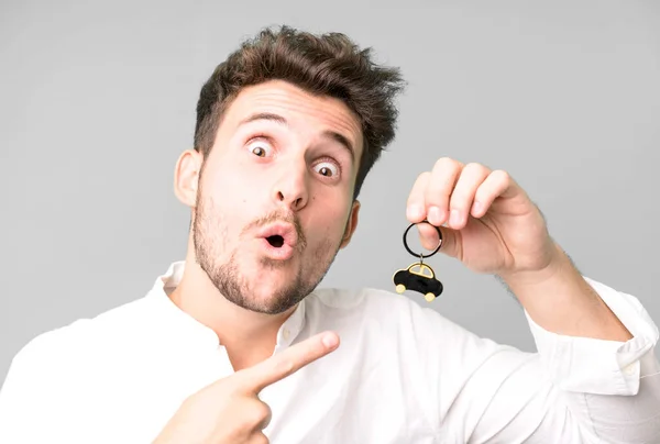 Young Handsome Man His First Car Key — Stock Photo, Image