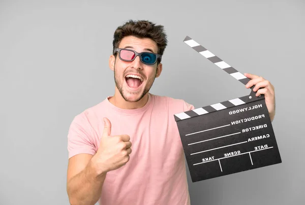 Young Handsome Man Isolated Cinema Clapper Virtual Reallity Glases Movie — Stock Photo, Image