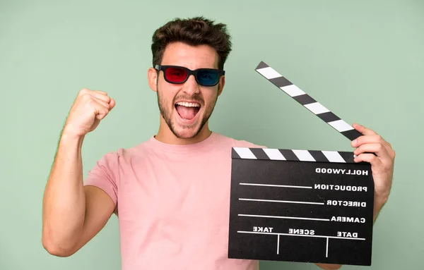 Young Handsome Man Isolated Cinema Clapper Virtual Reallity Glases Movie — Stock Photo, Image
