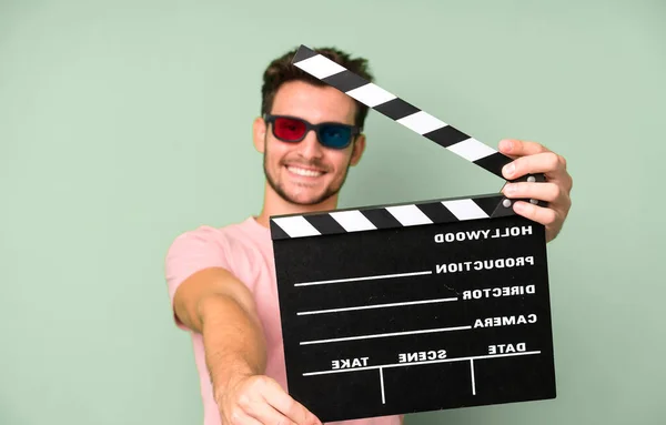 Young Handsome Man Isolated Cinema Clapper Virtual Reallity Glases Movie — Stock Photo, Image