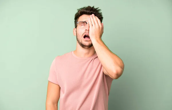 Young Handsome Man Looking Sleepy Bored Yawning Headache One Hand — Stock Photo, Image