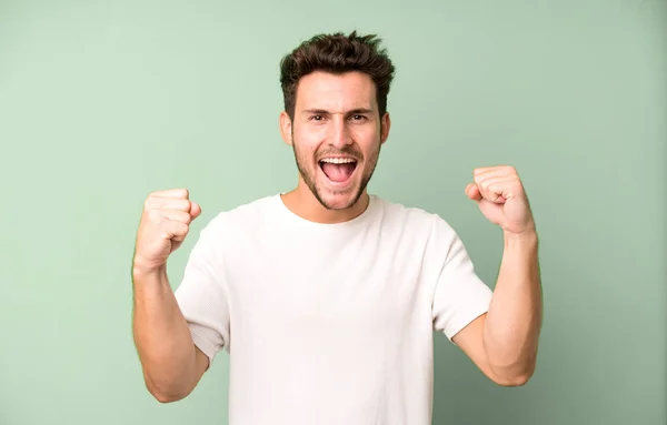 Young Handsome Man Feeling Happy Surprised Proud Shouting Celebrating Success — Stock Photo, Image