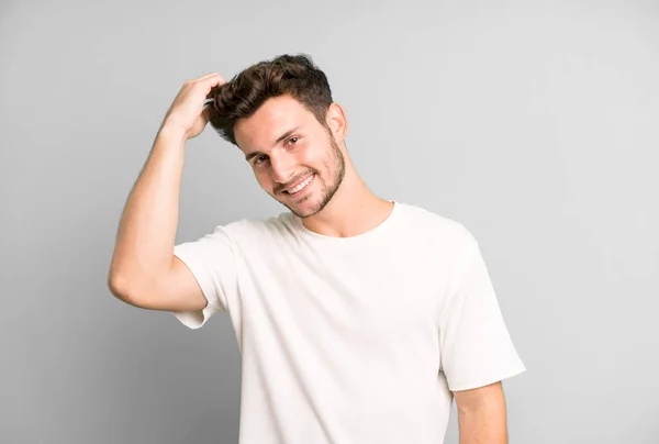 Young Handsome Man Smiling Cheerfully Casually Taking Hand Head Positive — Stock Photo, Image