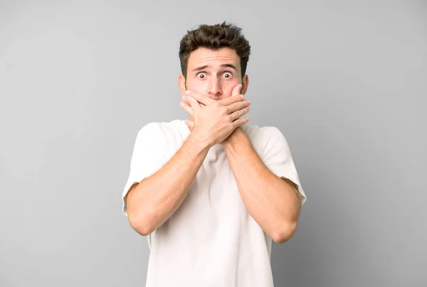 Young Handsome Man Covering Mouth Hands Shocked Surprised Expression Keeping — Stock Photo, Image