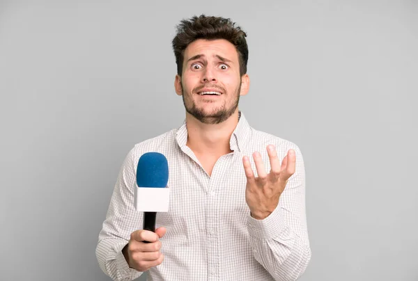 Handsome Teenager Looking Desperate Frustrated Stressed Microphone Persenter Concept — Stock Photo, Image