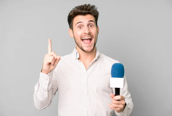 Handsome Teenager Feeling Happy Excited Genius Realizing Idea Microphone Persenter — Stock Photo, Image