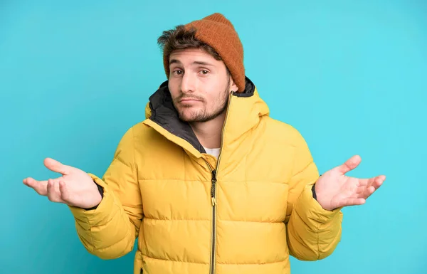 Handsome Teenager Feeling Puzzled Confused Doubting Winter Clothes Cold Concept — Stock Photo, Image