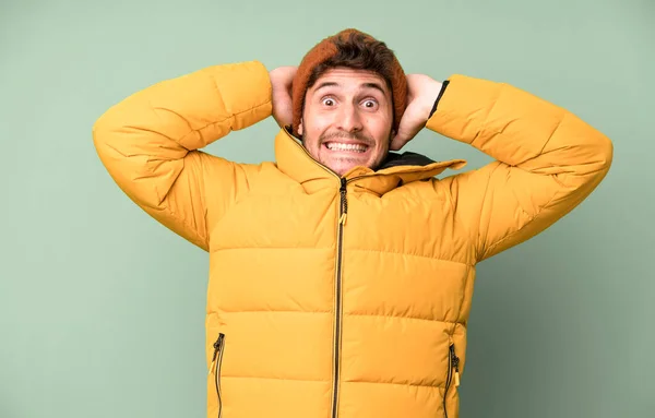 Handsome Teenager Feeling Stressed Anxious Scared Hands Head Winter Clothes — Stock Photo, Image