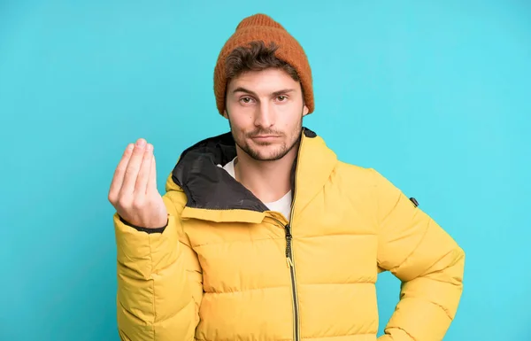 Handsome Teenager Making Capice Money Gesture Telling You Pay Winter — Stock Photo, Image