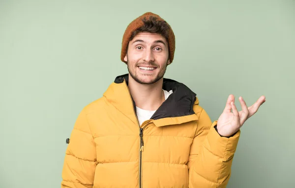 Handsome Teenager Feeling Happy Surprised Realizing Solution Idea Winter Clothes — Stock Photo, Image