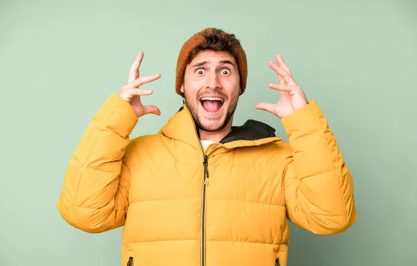 Handsome Teenager Screaming Hands Air Winter Clothes Cold Concept — Stock Photo, Image