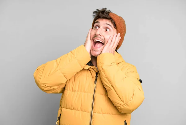 Handsome Teenager Feeling Happy Excited Surprised Winter Clothes Cold Concept — Stock Photo, Image