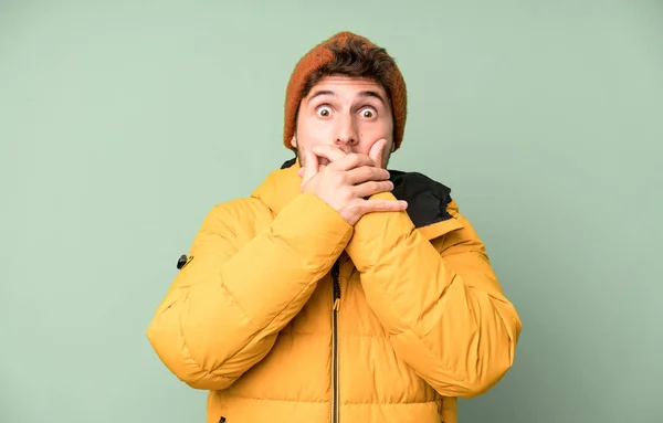 Handsome Teenager Covering Mouth Hands Shocked Winter Clothes Cold Concept — Stock Photo, Image