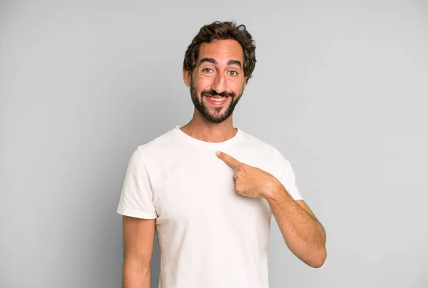 Young Crazy Man Looking Happy Proud Surprised Cheerfully Pointing Self — Stock Photo, Image