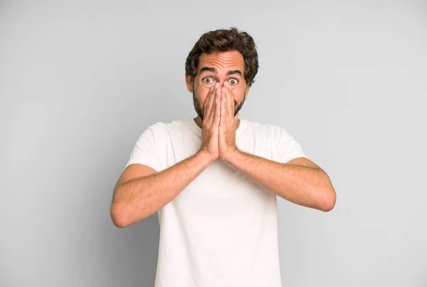 Young Crazy Man Feeling Worried Upset Scared Covering Mouth Hands — Stock Photo, Image