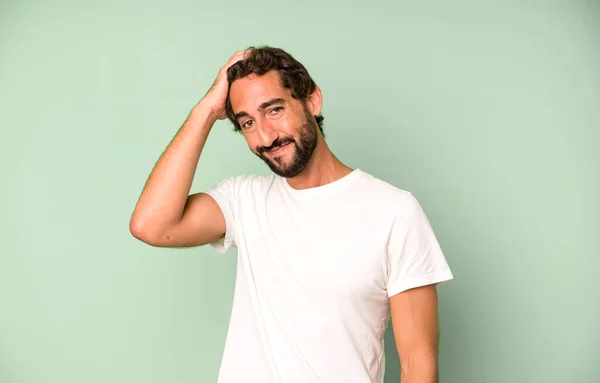 Young Crazy Man Smiling Cheerfully Casually Taking Hand Head Positive — Stock Photo, Image