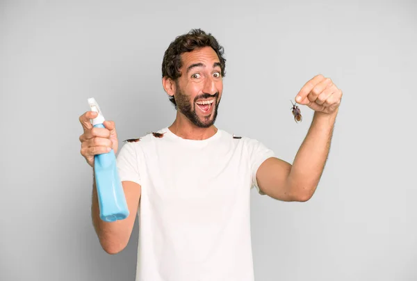 Young Crazy Bearded Expressive Man Holding Insect Fingers — Stock Photo, Image