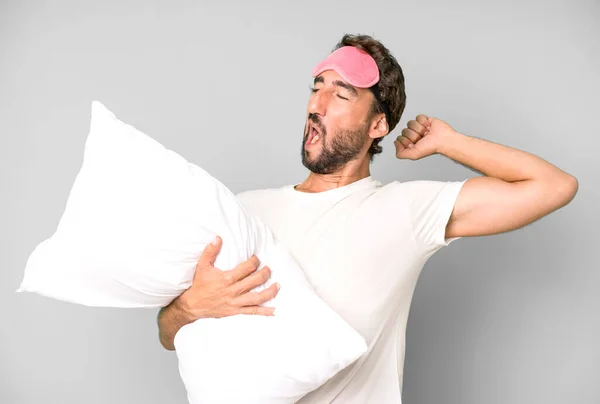 Young Crazy Bearded Expressive Man Wearing Pajamas Eye Mask Pillow — Stock Photo, Image