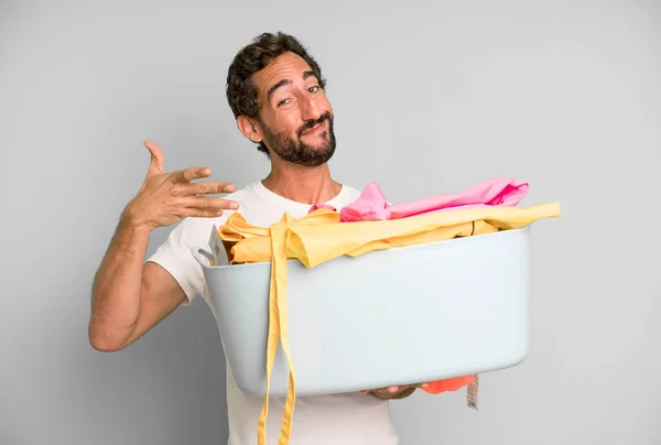 Young Crazy Bearded Expressive Man Clothes Wash Housekeeper Concept — Stock Photo, Image