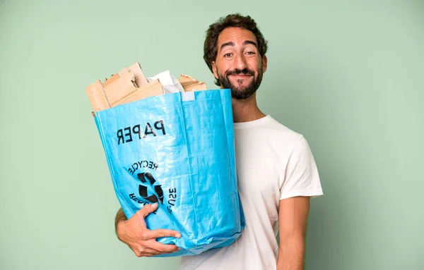 Young Crazy Bearded Expressive Man Bag Recycle — Stock Photo, Image