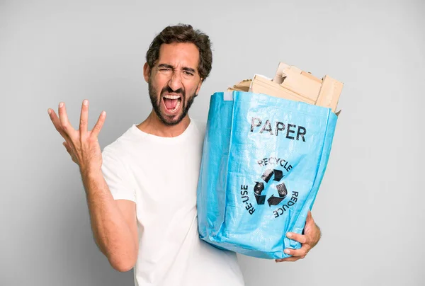 Young Crazy Bearded Expressive Man Bag Recycle — Stock Photo, Image