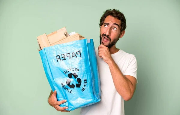 Young Crazy Bearded Expressive Man Bag Recycle — Stock Photo, Image