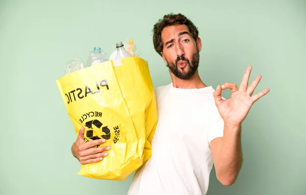 Young Crazy Bearded Expressive Man Bag Recycle — Stock Photo, Image