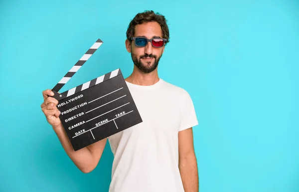 Young Crazy Bearded Expressive Man Clapper Cinema Film Movie Concept — Stock Photo, Image