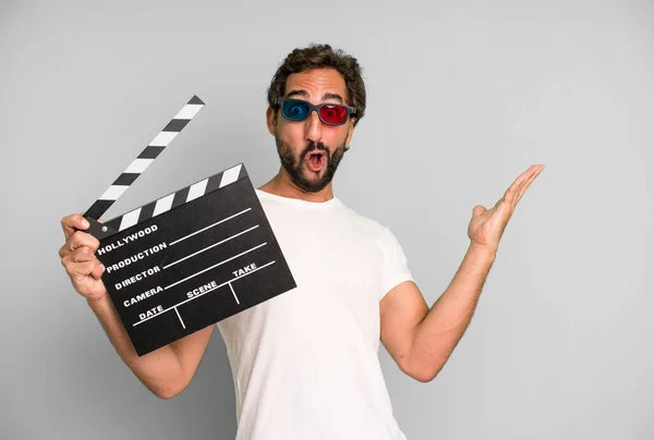 Young Crazy Bearded Expressive Man Clapper Cinema Film Movie Concept — Stock Photo, Image