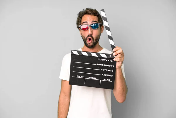 Young Crazy Bearded Expressive Man Clapper Cinema Film Movie Concept — Stock Photo, Image