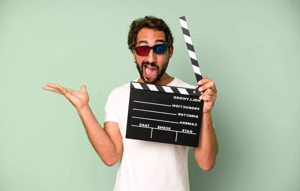 Young Crazy Bearded Expressive Man Clapper Cinema Film Movie Concept — Stock Photo, Image