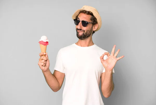 Young Crazy Bearded Expressive Man Hat Sunglasses Holding Ice Cream — Stock Photo, Image